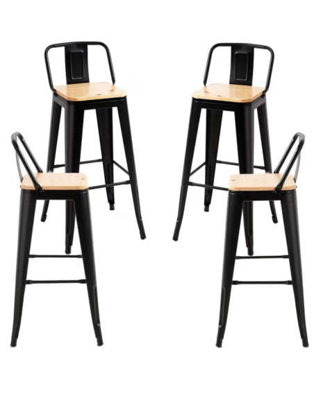 taburete de bar de metal negro mate con asiento de madera y respaldo 400 x 400 x 930 mm pack 4 unidades