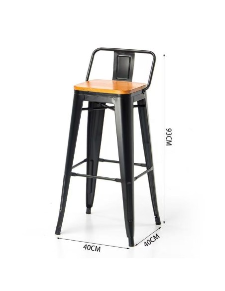 taburete de bar de metal negro mate con asiento de madera y respaldo 400 x 400 x 930 mm pack 4 unidades