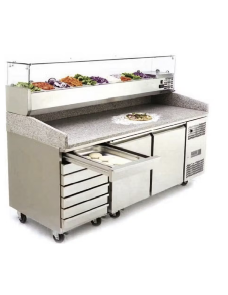 Mesa Pizzera Refrigerada de Preparación de 2 Puertas y 7 Cajones de 2025 x 800 x 1000 mm con vitrina ingredientes