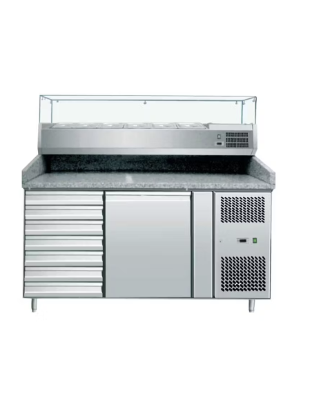 Mesa Pizzera Refrigerada de Preparación de 1 Puerta y 7 Cajones y topping de 1500 x800 x 1000 mm