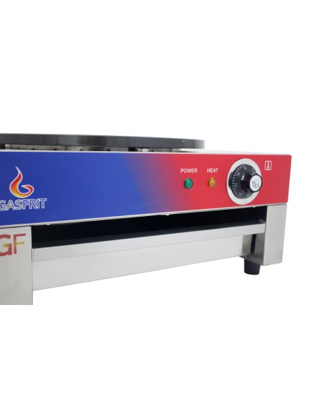 Crepera profesional electrica, 1 placa, acero inoxidable, recubierto teflón, 400 mm, 22.8 x 45 x 50 cm, hasta 300 °C, 3 kW
