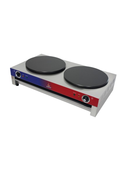Crepera profesional electrica, 2 placa, acero inoxidable, recubierto teflón, 400 mm, 89 x 49 x 22.5 cm, hasta 300 °C, 6 kW