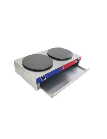 Crepera profesional electrica, 2 placa, acero inoxidable, recubierto teflón, 400 mm, 89 x 49 x 22.5 cm, hasta 300 °C, 6 kW