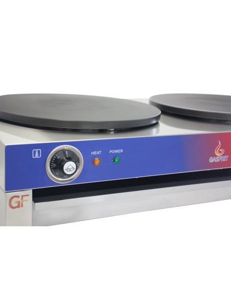 Crepera profesional electrica, 2 placa, acero inoxidable, recubierto teflón, 400 mm, 89 x 49 x 22.5 cm, hasta 300 °C, 6 kW