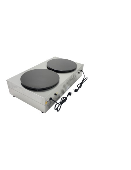 Crepera profesional electrica, 2 placa, acero inoxidable, recubierto teflón, 400 mm, 89 x 49 x 22.5 cm, hasta 300 °C, 6 kW