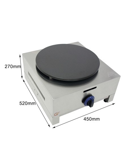 Crepera profesional a gas, 1 placa, acero inoxidable, recubierto teflón, 400 mm, 450 x 490 x 260 mm, hasta 300 °C, 3,5 kW
