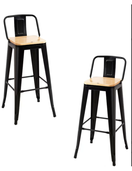 Juego de 2 Taburetes de Bar Industriales | Metal Blanco Mate y Asiento de Madera Clara | Con Respaldo | Altura 96 cm