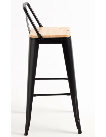 Juego de 2 Taburetes de Bar Industriales | Metal Blanco Mate y Asiento de Madera Clara | Con Respaldo | Altura 96 cm