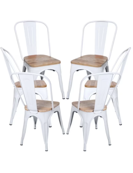 Pack 6 Sillas Industriales Strong | Acero con Asiento de Madera | Apilables | Color Blanco | Diseño Vintage-Industrial