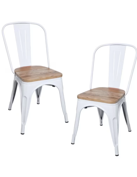 Silla Industrial Tolix con Asiento de Madera | Acero de Alta Calidad | Apilable | Color Blanco