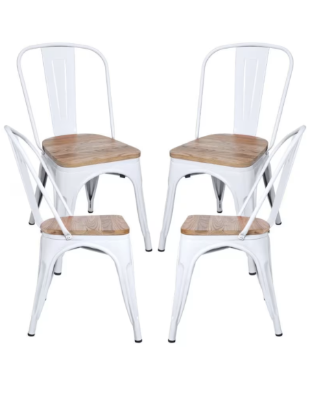 Pack 4 Sillas Industriales Strong | Acero con Asiento de Madera | Apilables | Color Blanco | Interior