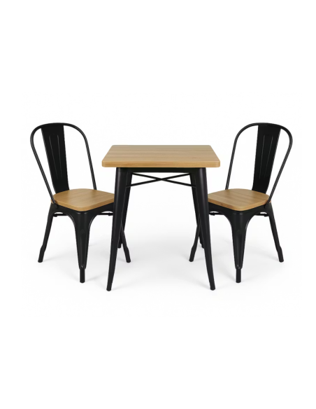 Juego de Mesa y 2 Sillas Industrial Factory | Metal Negro Mate y Madera Natural | Mesa 60x60 cm | Set Comedor o Cocina