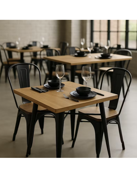 Juego de Mesa y 2 Sillas Industrial Factory | Metal Negro Mate y Madera Natural | Mesa 60x60 cm | Set Comedor o Cocina