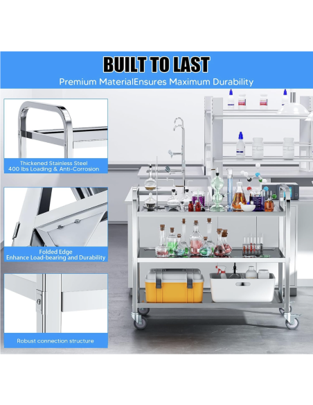Carro de Servicio Gasfrit | 2 Estantes de Acero Inoxidable | Capacidad 100 kg | Carro Auxiliar Profesional Silencioso con Ruedas