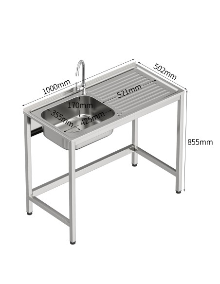 Fregadero bajo barra 1 seno y 1 escurridor industrial acero inoxidable 1000 x 500 x 850 mm