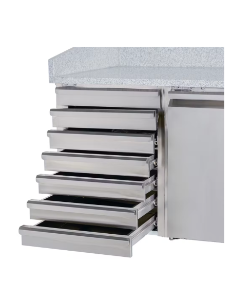 Mesa Pizzera Refrigerada de Preparación de 2 Puertas y 7 Cajones 800 x 1000 mm con Superficie de Mármol