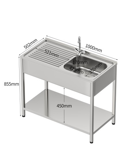 Fregadero bajo barra 1 seno y 1 escurridor industrial acero inoxidable 800 x 500 x 850 mm
