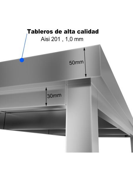Mesa de trabajo de acero inoxidable 3 baldas 2000 x 600 x 950 + 100 mm desmontable